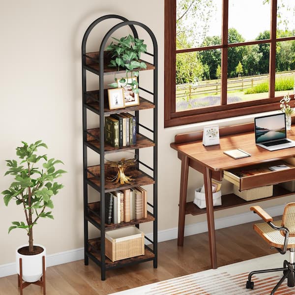 Eulas 78.7 in. Tall Rustic Brown Wood 6-Shelf Etagere Bookcase with Metal Frame, Arched Bookshelf for Living Room, Study
