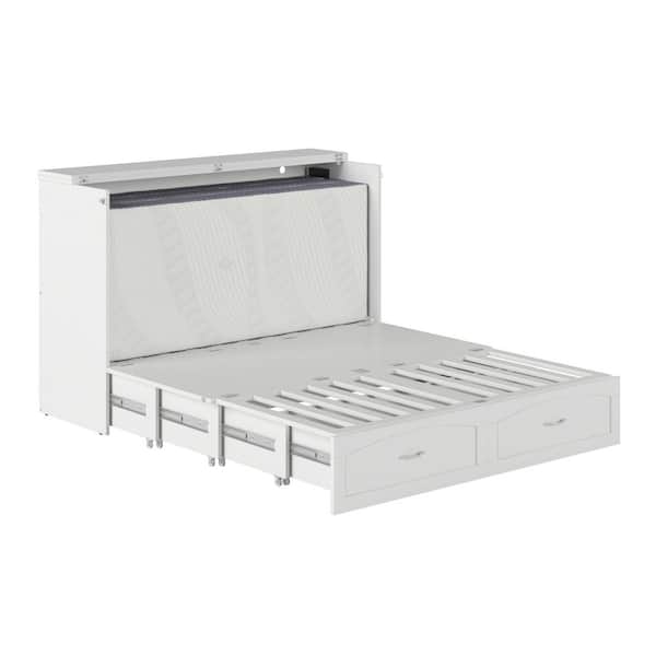 Marion White Wood Frame Queen Murphy Bed Chest with 6 in. Mattress Storage Drawer and Built-in Charger
