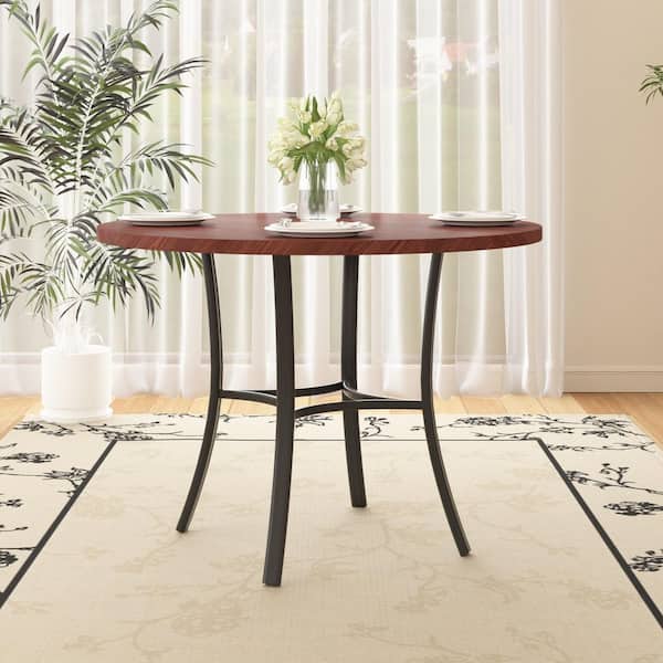 VECELO Round Dining Table for 4, 4-Legs Brown Wood Top 36 in. Metal Frame Dining Table for Kitchen, Apartment and Small Spaces