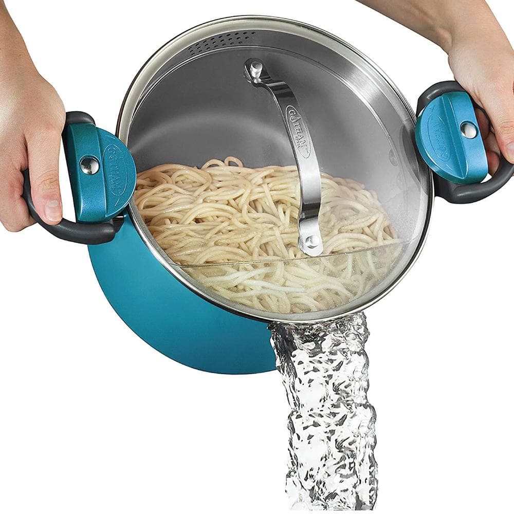 Gotham Steel Aqua Blue 5 qt. Non-Stick Aluminum Ti-Ceramic Pasta Pot with Built-In Strainer and Twist N' Lock Handles