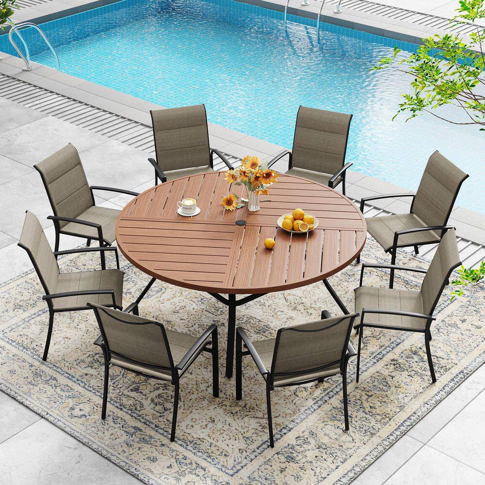 9 Piece Metal Outdoor Dining Set with 53.1 in. Walnut Round Table and 8 Brown Stackable Padded Textilene Dining Chairs price history on PriceWatchPro