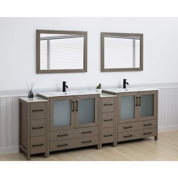 84 in. W x 18 in. D x 36 in. H Driftwood Gray Bath Vanity with White Ceramic Top and Mirror