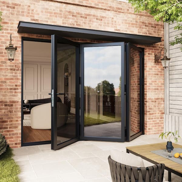 108 in. x 80 in. Right Swing/OutSwing Tempered Glass Black Aluminum Folding Patio Door with Door Stopper (3-Folding)