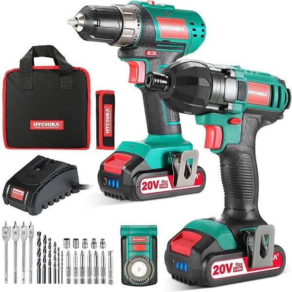 Metal and Plastic HYCHIKA Drill Combo Kit Cordless Drill Driver 20V Max 35Nm and Impact Driver 2x1.5Ah Batteries,1H Fast Charging,300/150lm LED Flashlight,22PCS Accessories for Drilling Wood 