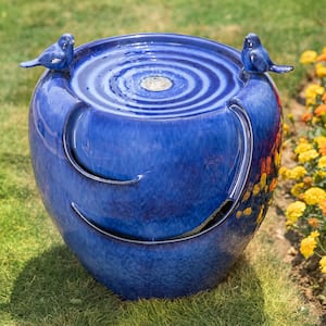 19.5 in. H Cobalt Blue 2 Birds Embossed Plant Pattern Ceramic Pot Fountain with Pump and LED Light (KD)