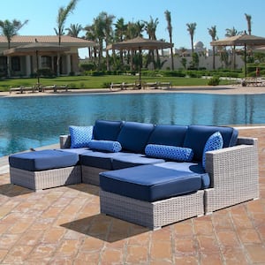 Polyethylene (PE) Wicker 6-Piece Outdoor Patio Sectional Sofa Set with Cushions in Navy Blue, Fully Assembled