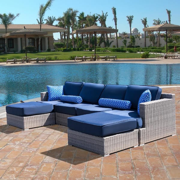 Home Beyond Polyethylene (PE) Wicker 6-Piece Outdoor Patio Sectional Sofa Set with Cushions in Navy Blue, Fully Assembled