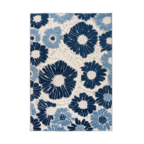 World Rug Gallery Palermo Navy 7 ft. 10 in. x 10 ft. Modern Floral Flowers Indoor/Outdoor Area Rug