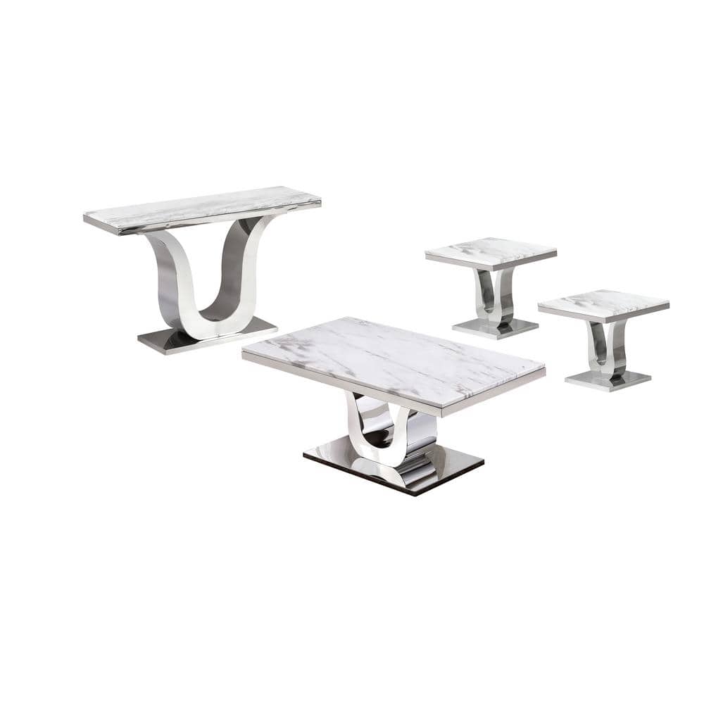 White Marble and Silver Stainless Steel 3-Piece Coffee Table Set