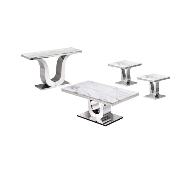 Best Quality Furniture Eric 55 in. 3-Piece White Marble Top with Stainless Steel Base