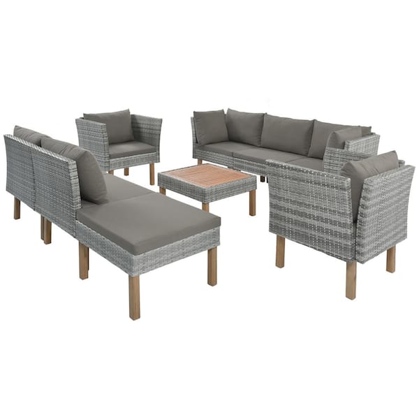 Willit Gray 9-Piece Wicker Patio Conversation Sectional Seating Set with Gray Cushions