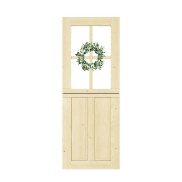 32 in. x 80 in. Solid Pine Universal 4-Lite 2-Panel Clear Glass Dutch Door w/Euca Wreath Unfinished Wood Front Door Slab