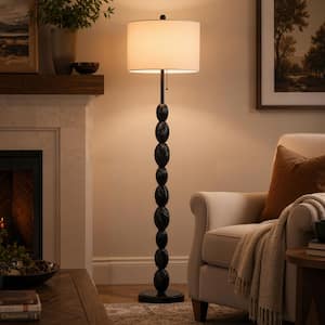 61.75 in. Black Transitional 1-Light Standard Floor Lamp for Living Room with Beige Fabric Drum Shade