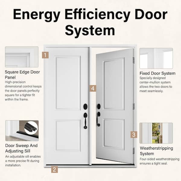 72 in. x 80 in. 2 Panel Left-Handed White Primed Fiberglass Double Prehung Front Door French Door with Frame Set