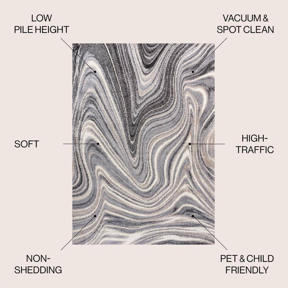 Eleni Charcoal and Cream Abstract Marble 3 x 5 Synthetic Area Rug