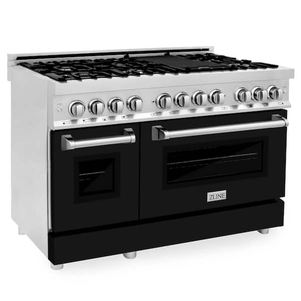 48 in. 7 Burner Double Oven Dual Fuel Range with Black Matte Door in Stainless Steel