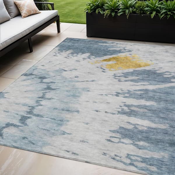 Denim Blue, Sky Blue 5 ft. x 8 ft. Woven Abstract Polyester Rectangle Indoor/Outdoor Area Rug