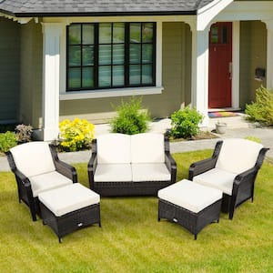 5-Piece Wicker Patio Conversation Set with Off White Cushion and Ottoman