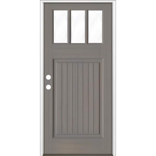 Krosswood Doors 36 in. x 80 in. Craftsman 3 Lite V Groove Grey Stain Right-Hand/Inswing Hemlock Prehung Front Door