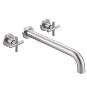 2-Handle Wall-Mount Roman Tub Faucet with Long Spout Reach Solid Brass Valve in Brushed Nickel