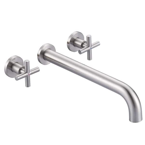 IVIGA 2-Handle Wall-Mount Roman Tub Faucet with Long Spout Reach Solid Brass Valve in Brushed Nickel