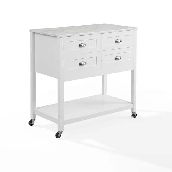 CROSLEY FURNITURE Connell White Kitchen Cart with Faux Marble Top