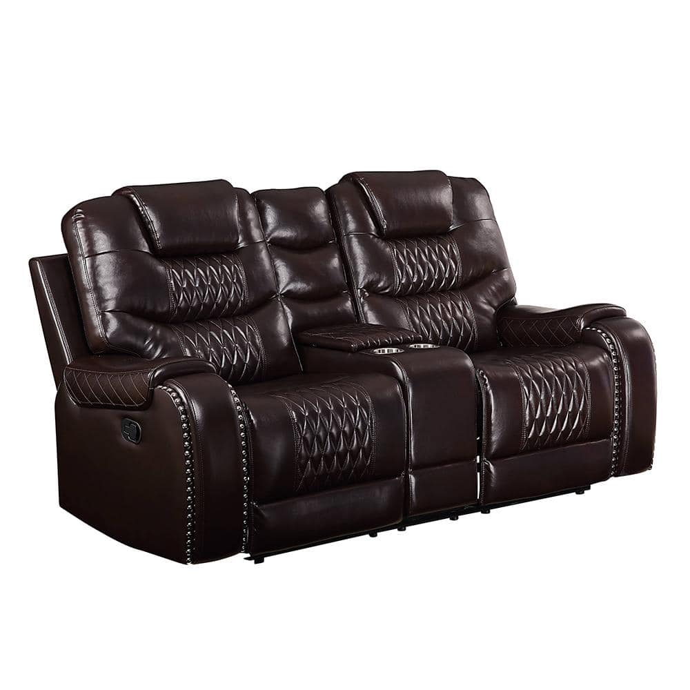 78" Brown Tufted Faux Leather Loveseat with Cup Holders