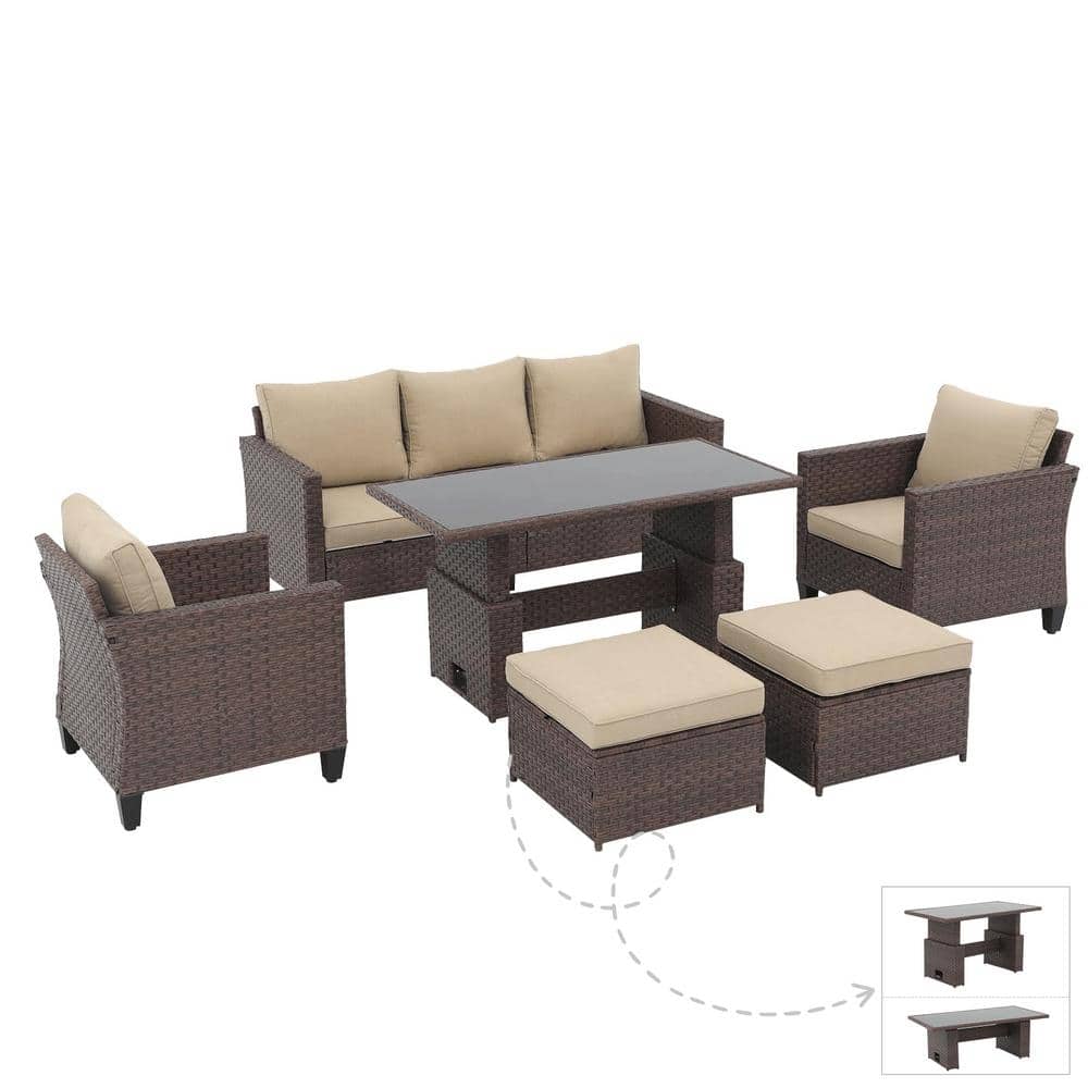 6-Piece Wicker Brown Outdoor Conversation Set with Lift Table and Ottomans.