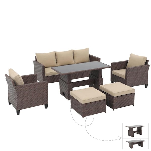 6-Piece Wicker Brown Outdoor Conversation Set with Lift Table and Ottomans. Beige Cushions