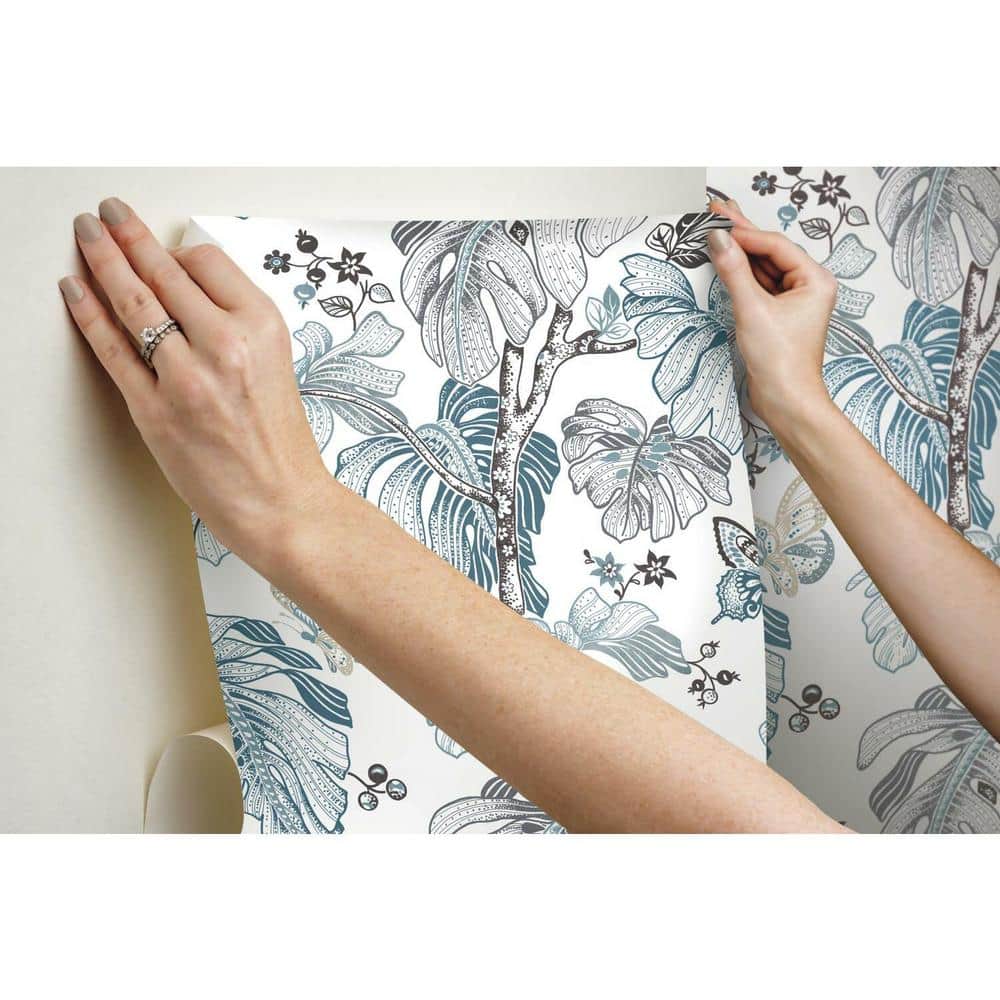 Blue and Gray Tropical Palm Peel and Stick Wallpaper Roll