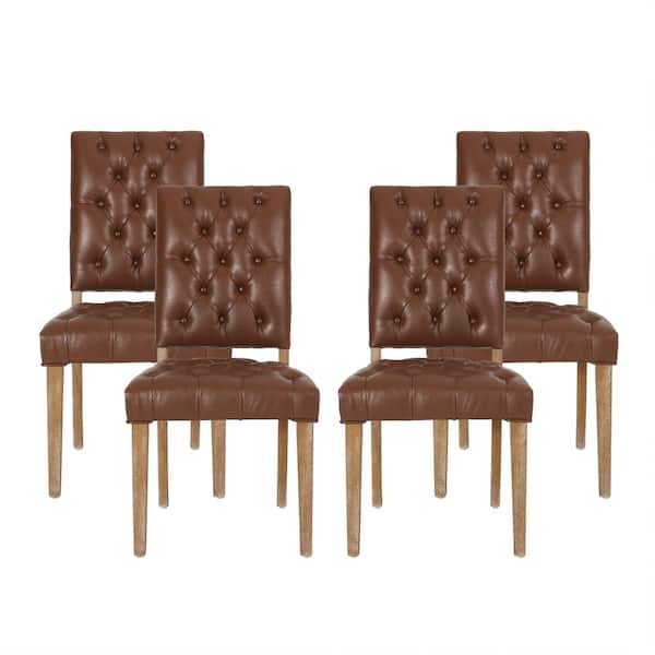Noble House Uintah Cognac Brown and Natural Tufted Dining Chair (Set of 4)
