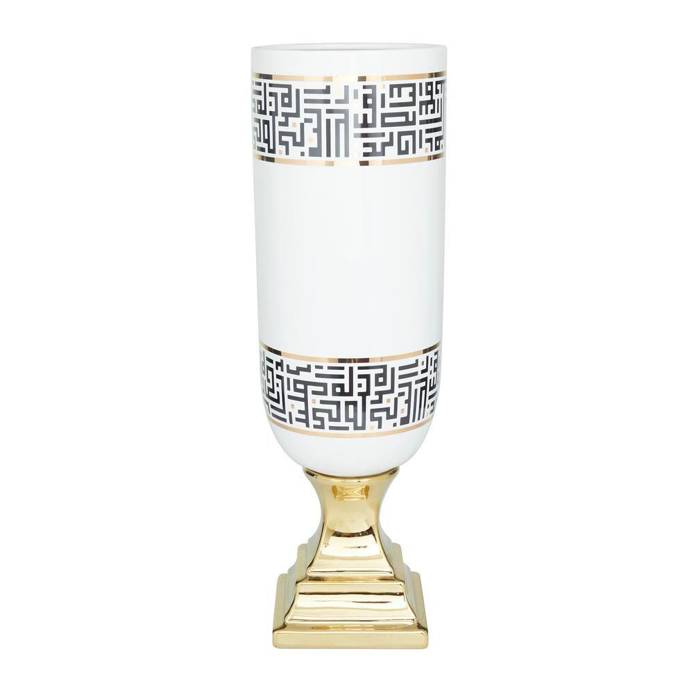 Litton Lane White Ceramic Decorative Vase With Greek Knot Pattern And Gold Base 041515 The