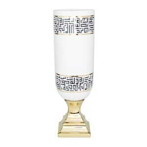 21 in. White Ceramic Decorative Vase with Greek Knot Pattern and Gold Base