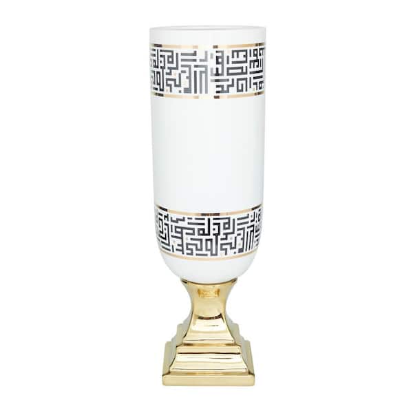 Litton Lane 21 in. White Ceramic Decorative Vase with Greek Knot Pattern and Gold Base
