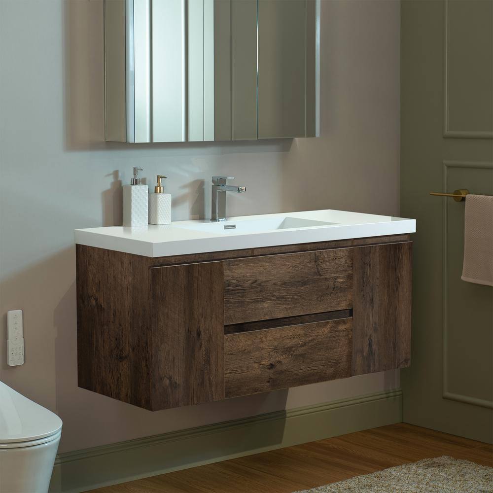 47" Rose Wood Floating Vanity with White Resin Top