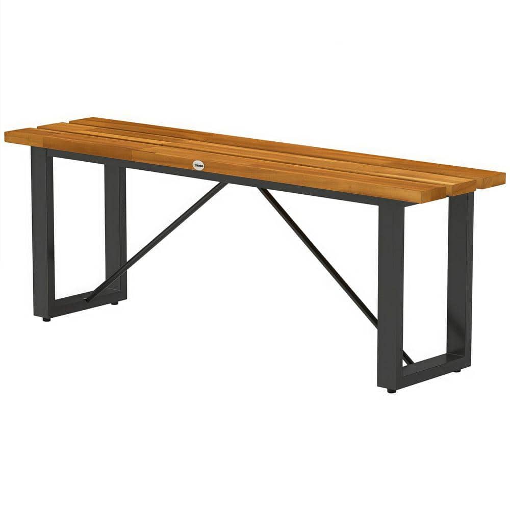 2-Person Backless Garden Bench for Porch, Patio, Park, Teak & Black