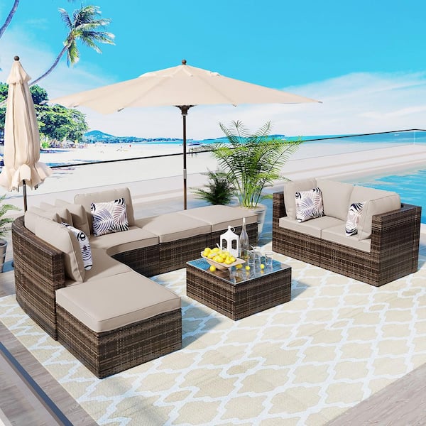 Zeus & Ruta 8-Piece Brown Wicker Patio Conversation Set with Beige Cushion for Patio, Garden, Deck