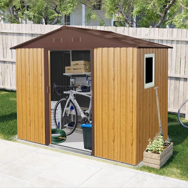 8 ft. x 4 ft. Outdoor Metal Storage Shed with Window and Metal Foundation for Backyard, Patio, Brown (28.9 sq. ft.)