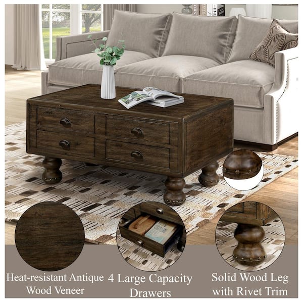 40 in. W Espresso Solid Wood Rectangle Coffee Table with 4