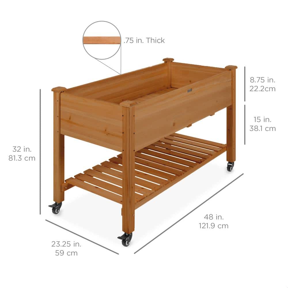 Acorn Brown Wood Mobile Elevated Garden Planter with Shelf