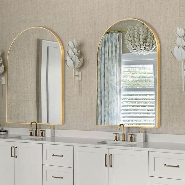 LuxHomez 24 in. W x 36 in. H Gold Vanity Arched Wall Mirror Aluminium Alloy Frame Bathroom Mirror (2 Pieces)