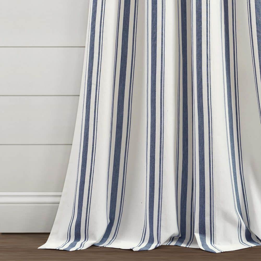 Navy and White Cotton Blend Striped Window Curtain Panels, 42"W x 95"L