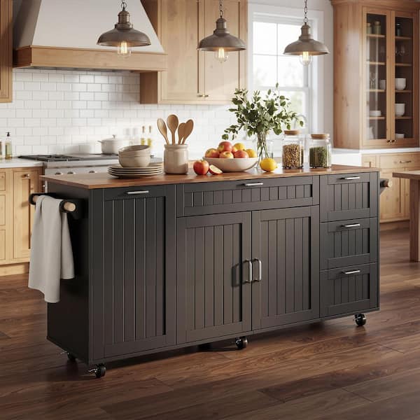 Oak and Black Wood Kitchen Cart w/ Drop-Leaf Countertop, Hidden Trash Bin, 4 Drawers and Cabinet, Mobile Kitchen Island