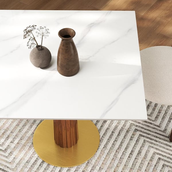 33 in. Modern Square White Sintered Stone Tabletop Dining Table with Solid Wood Pedestal (Seat 2)