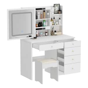 5-Drawers White Wood Makeup Vanity Sets Dressing Table Sets With LED Push-Pull Mirror, Stool and Storage Shelves