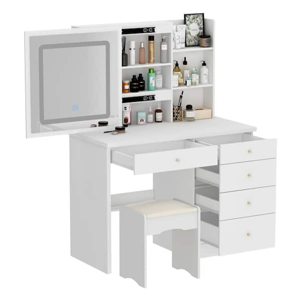 FUFU&GAGA 5-Drawers White Wood Makeup Vanity Sets Dressing Table Sets With LED Push-Pull Mirror, Stool and Storage Shelves