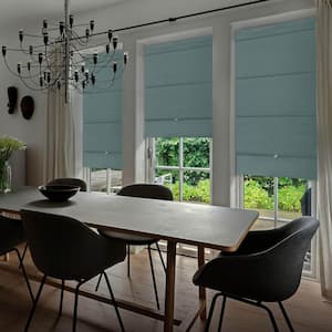 Turquoise No Drill Cordless 99.99% Blackout Natural Woven Magnetic Roman Shades, 35 in. W x 65 in. L