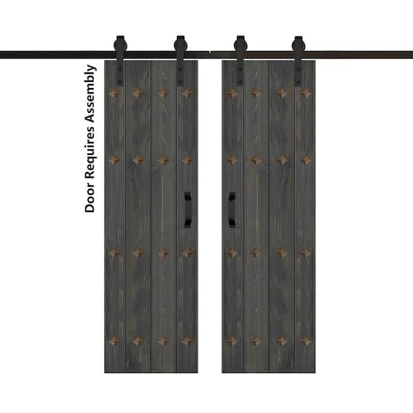 ISLIFE Mid-Century New Style 48 in. x 84 in. Carbon Gray Finished Solid Wood Double Sliding Barn Door with Hardware Kit