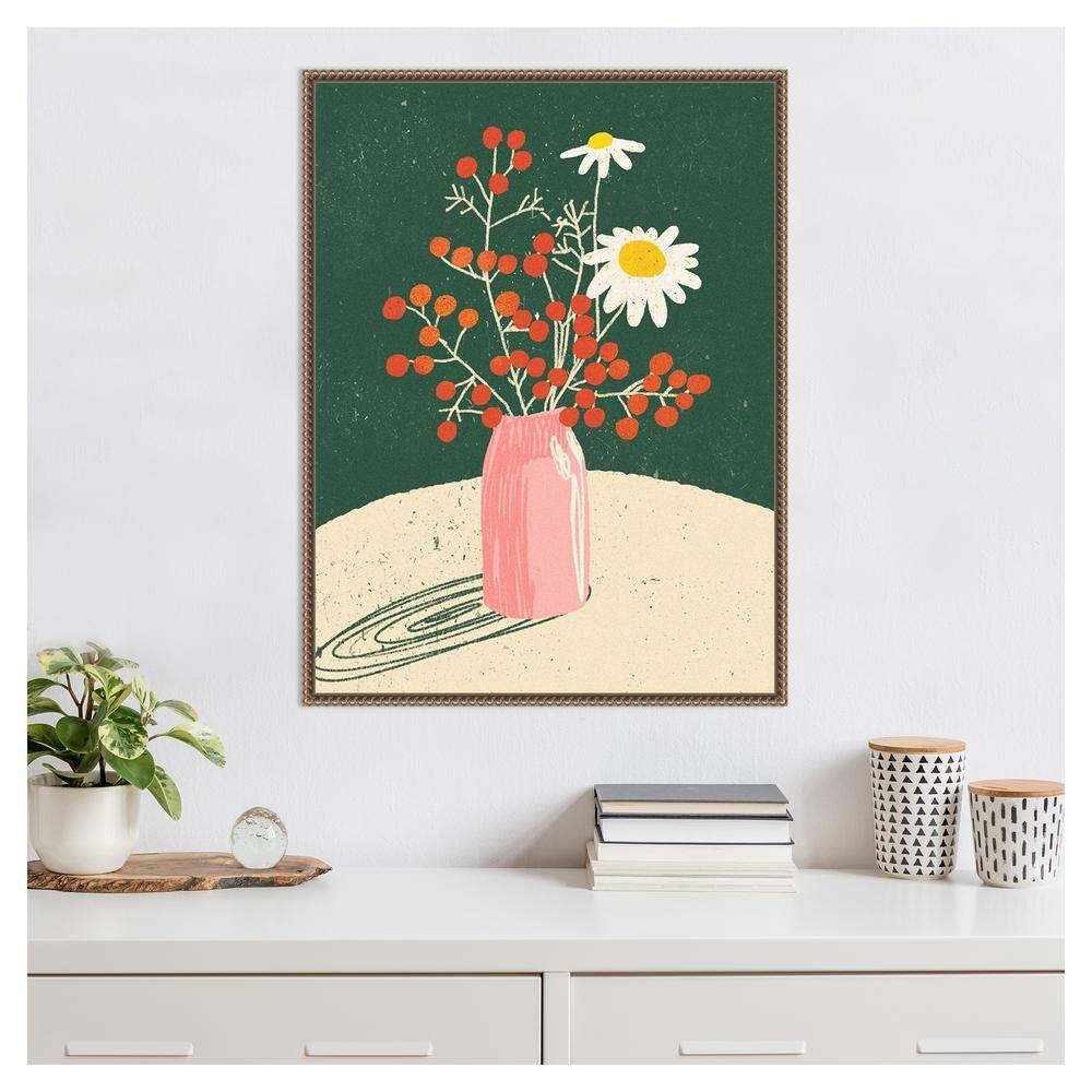 Beaded Bronze Framed Botanical Canvas Print with Pink Vase