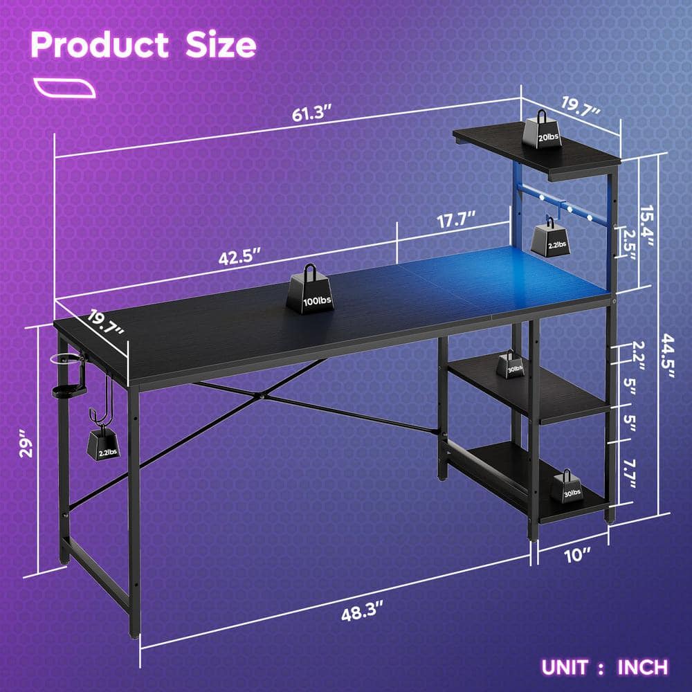 Bestier 61 Inch Black Grained Gaming Desk with Shelves